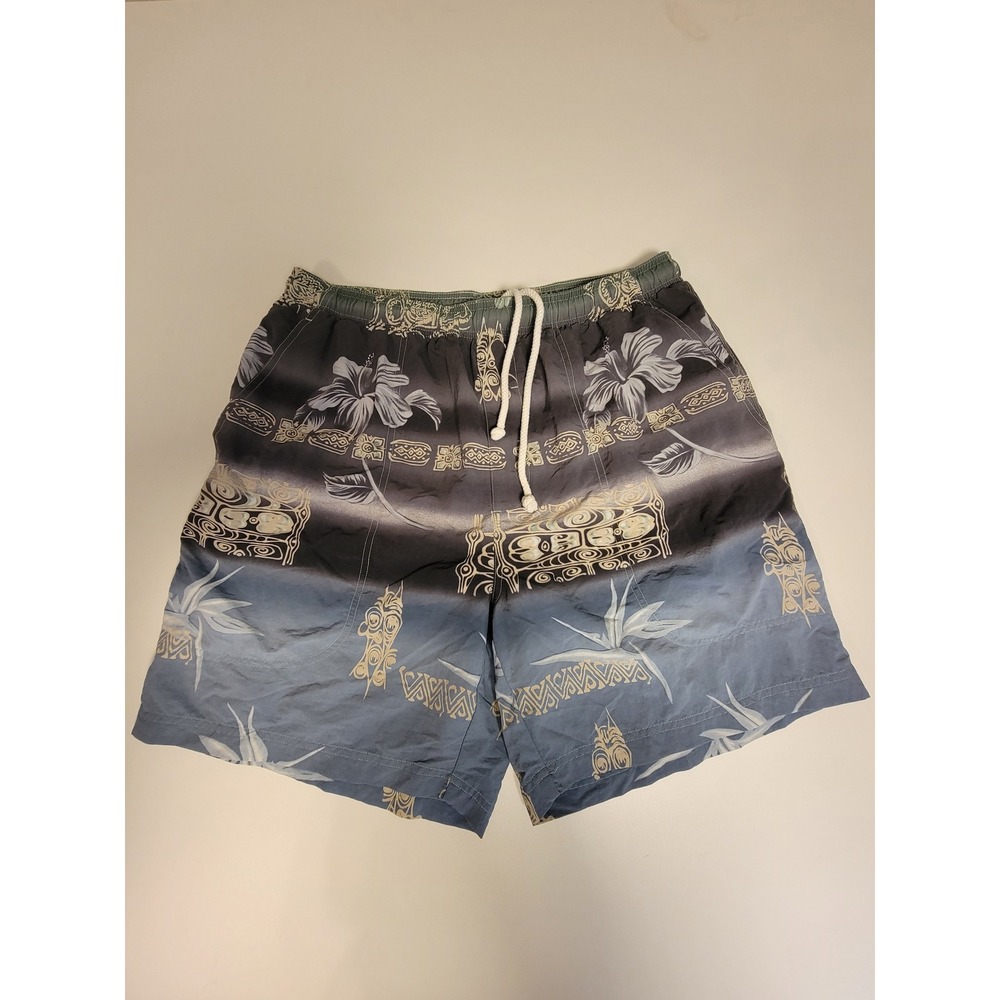 Tommy Bahama Paradise Nation Mens Swim Trunks Large Blue Ombre Tribal Hibiscus